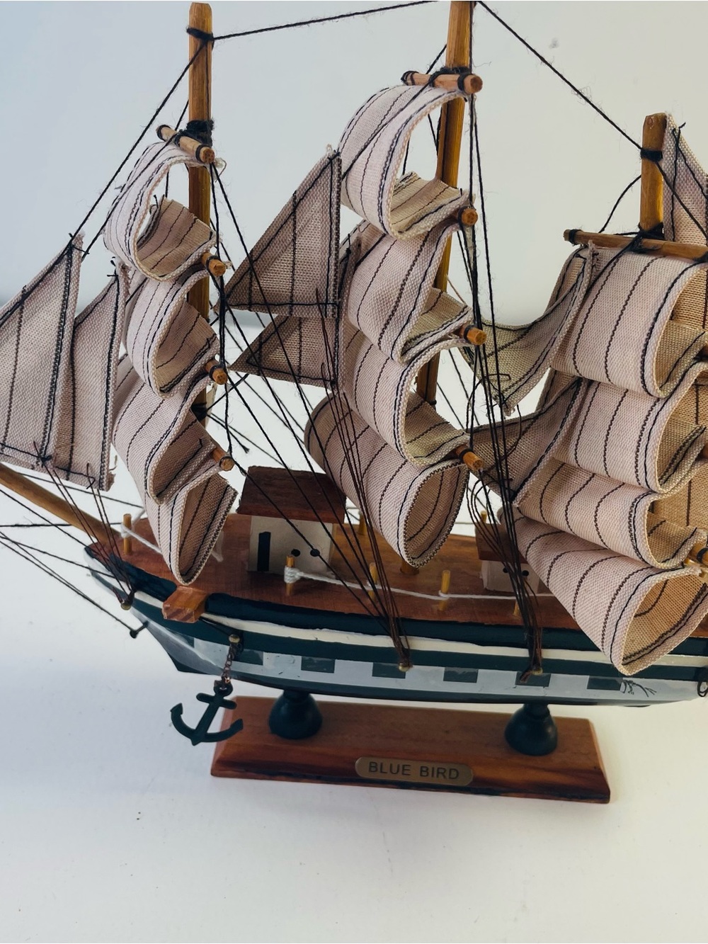 Blue Bird Decorative Wooden Ship Sculpture in Blue and Beige Handcrafted - Picture 3 of 4